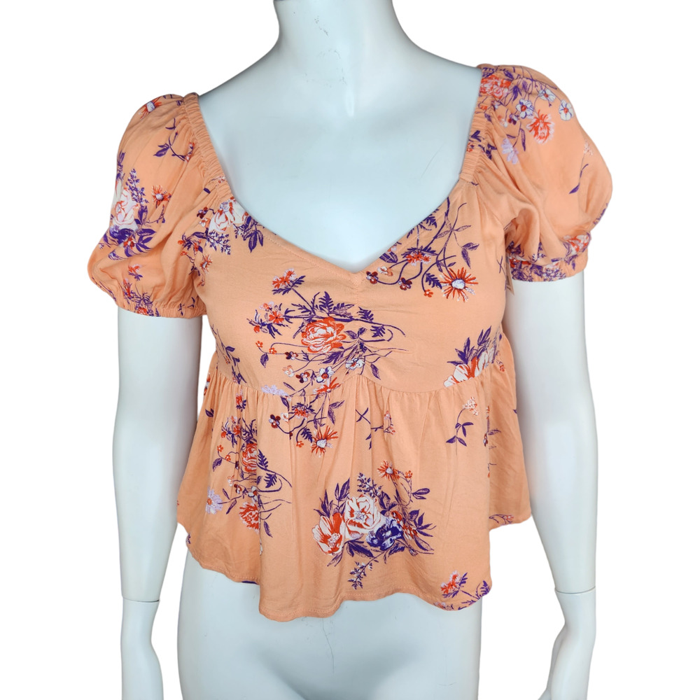 NWOT Abound Womens XS Coral Floral Print V-Neck Puff Sleeve‎ Peplum Blouse